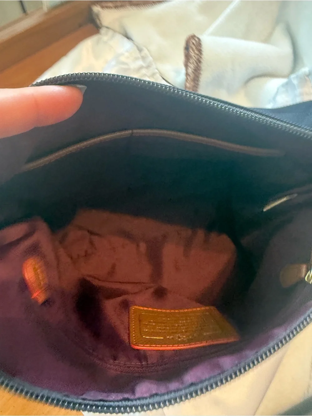 COACH Sawyer Navy Nylon Crossbody Bag with Tan leather Trim and red accents